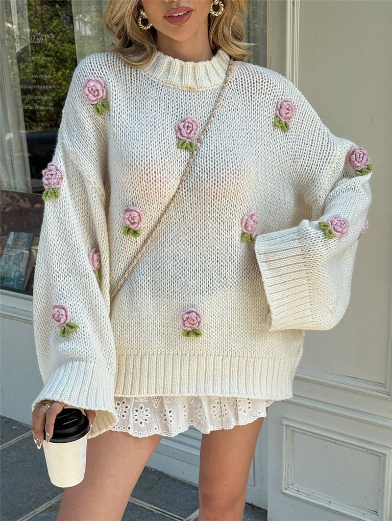 Oversized Chunky 3D Floral Embroidered Crew Neck Sweater