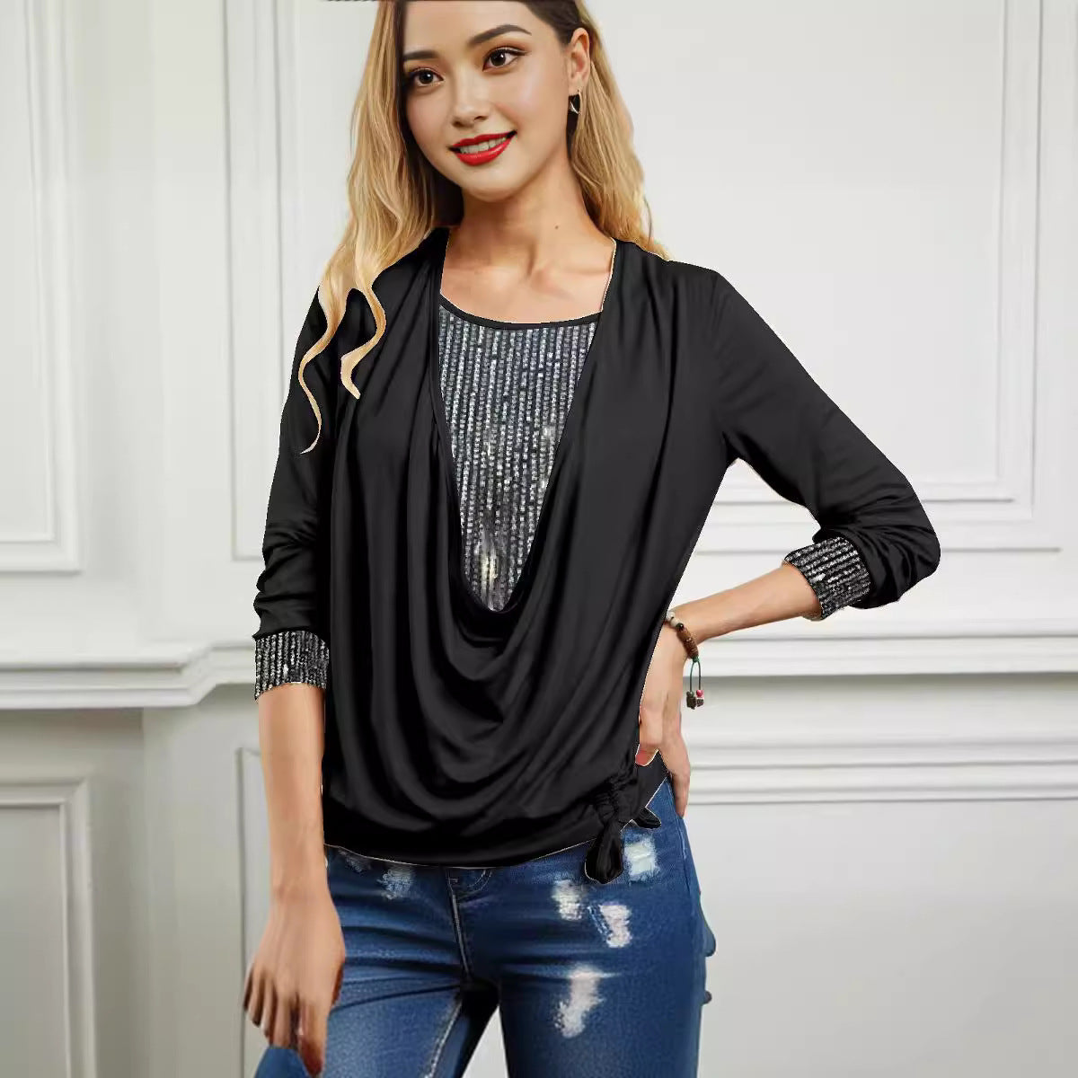 Sequin Draped Neck Layered Long Sleeve Top Loose Fit