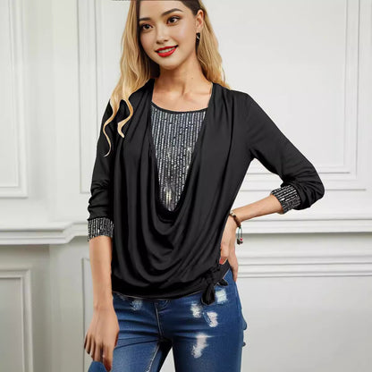 Sequin Draped Neck Layered Long Sleeve Top Loose Fit