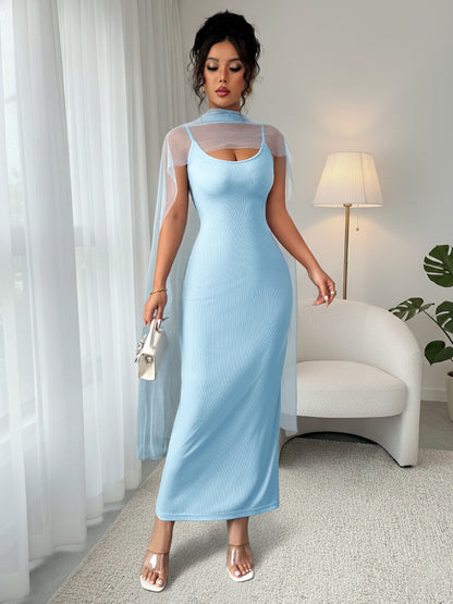 Blue Bodycon Maxi Dress with Sheer Scarf Elegant Party