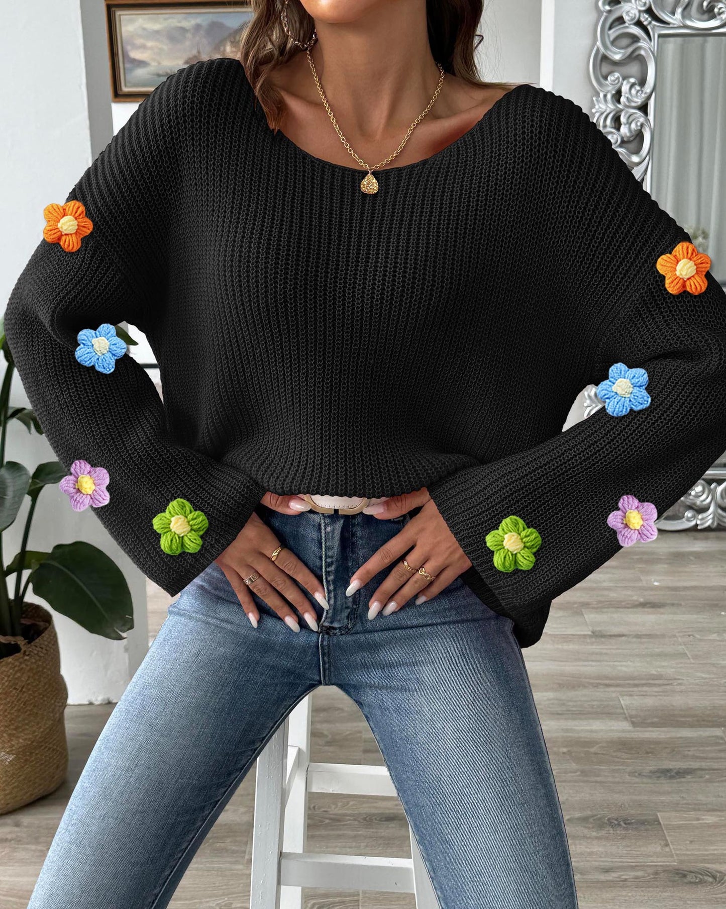 Off-Shoulder Knit Sweater with Crochet Flower Detail