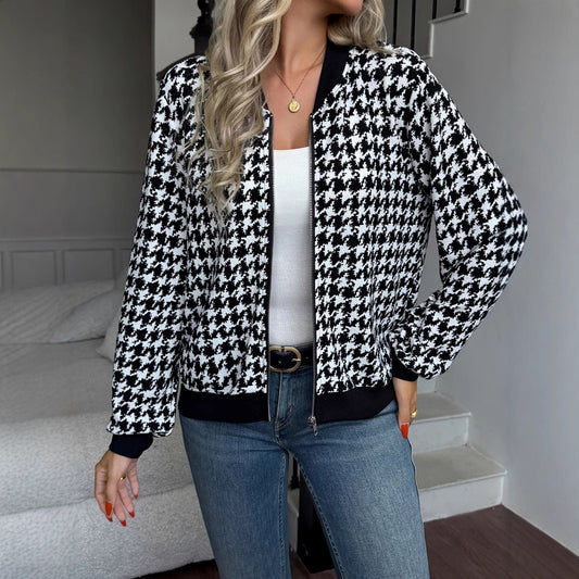 Houndstooth Knit Jacket Zip-Up Long Sleeve Casual Outerwear