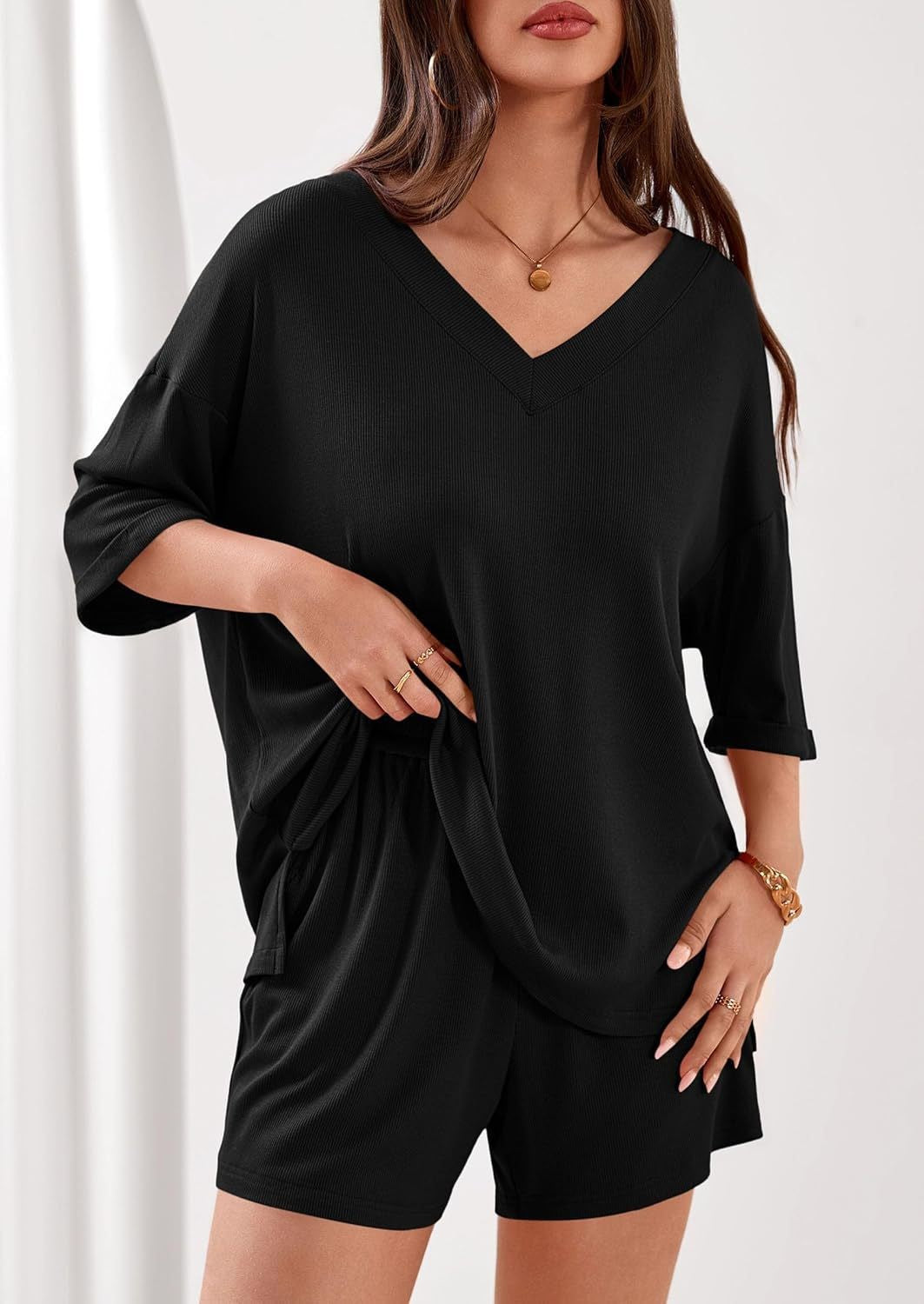 Ribbed V Neck Lounge Set Oversized Top Shorts Set