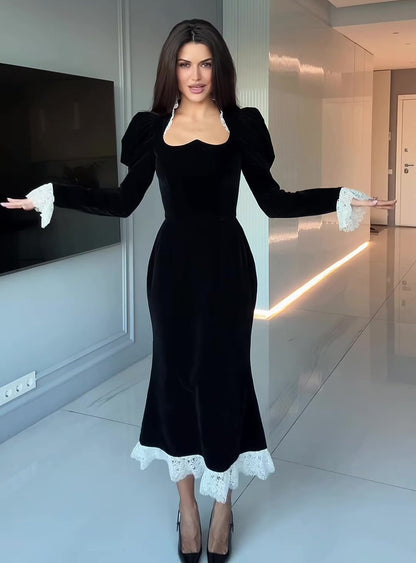 Black Velvet Lace Trim Bodycon Long Sleeve Midi Dress