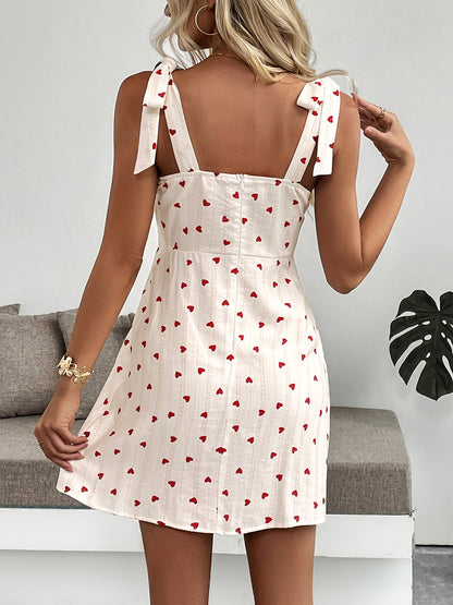 Valentine Heart Print V Neck Sleeveless Mini Dress