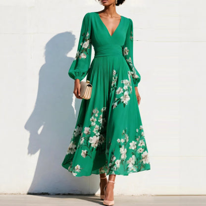 Floral V Neck Pleated Long Sleeve Maxi Dress