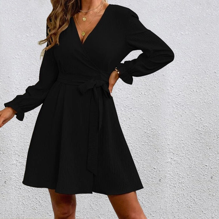 Women's Wrap V-Neck Long Sleeve Tie Waist Dress