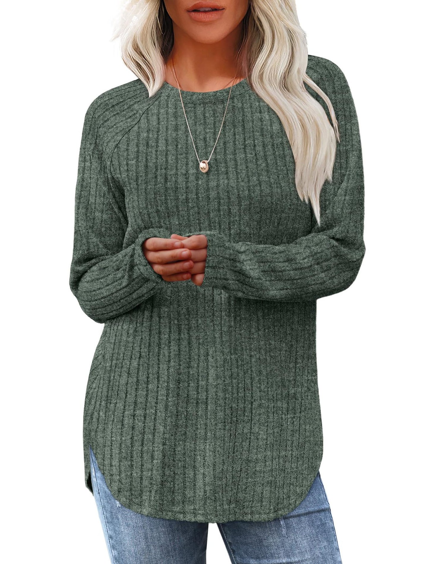 Women's Ribbed Brushed Long Sleeve Crew Neck Curved Hem Top