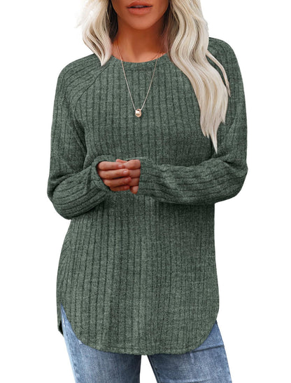 Women's Ribbed Brushed Long Sleeve Crew Neck Curved Hem Top