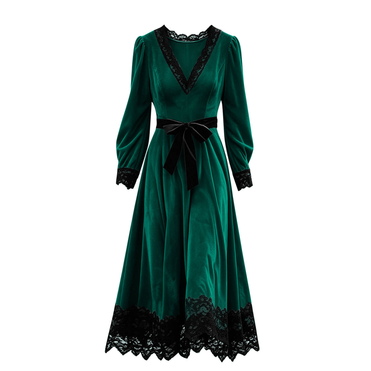 Velvet Maxi Dress V-Neck Lace Trim Puff Sleeve Flowy