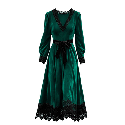 Velvet Maxi Dress V-Neck Lace Trim Puff Sleeve Flowy