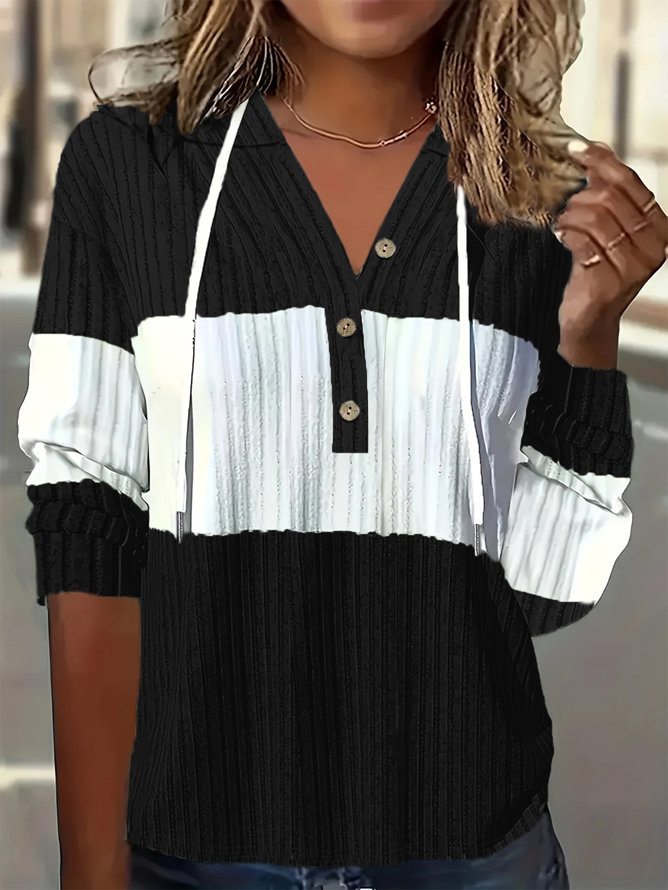 Women's Color Block V-Neck Hooded Knit Sweatshirt