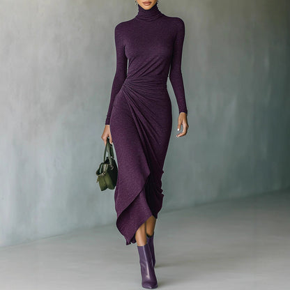 Turtleneck Long Sleeve Ruched Asymmetrical Midi Dress