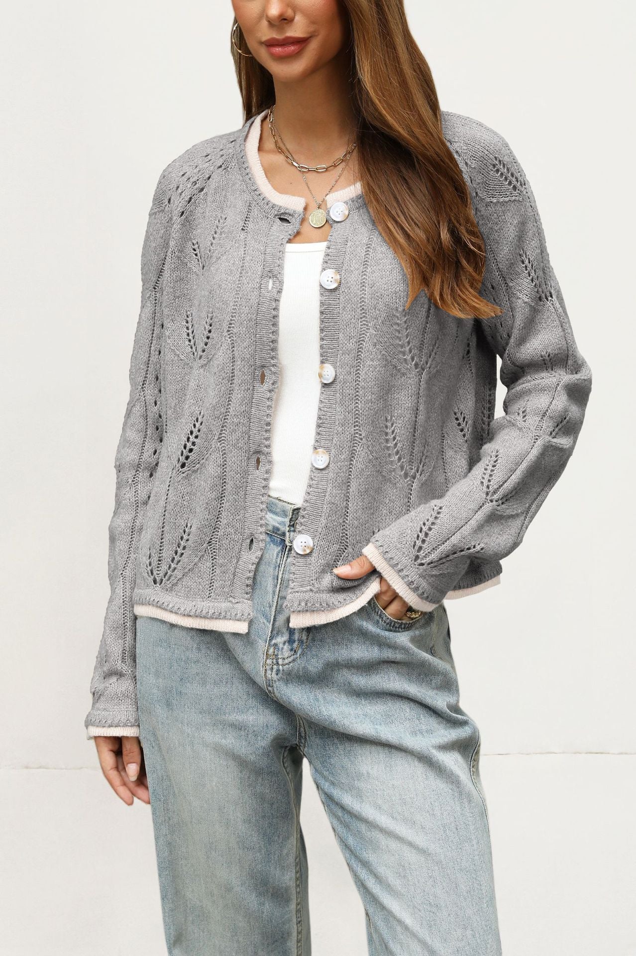 Women's Pointelle Knit Button Cardigan Contrast Trim