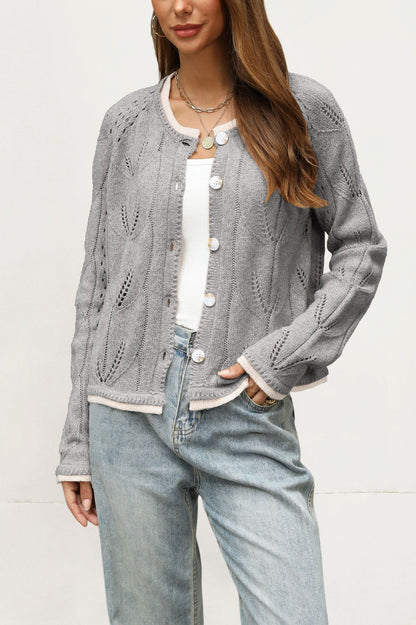Women's Pointelle Knit Button Cardigan Contrast Trim