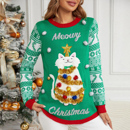 Cute Cat Christmas Sweater Embroidered Holiday Pullover