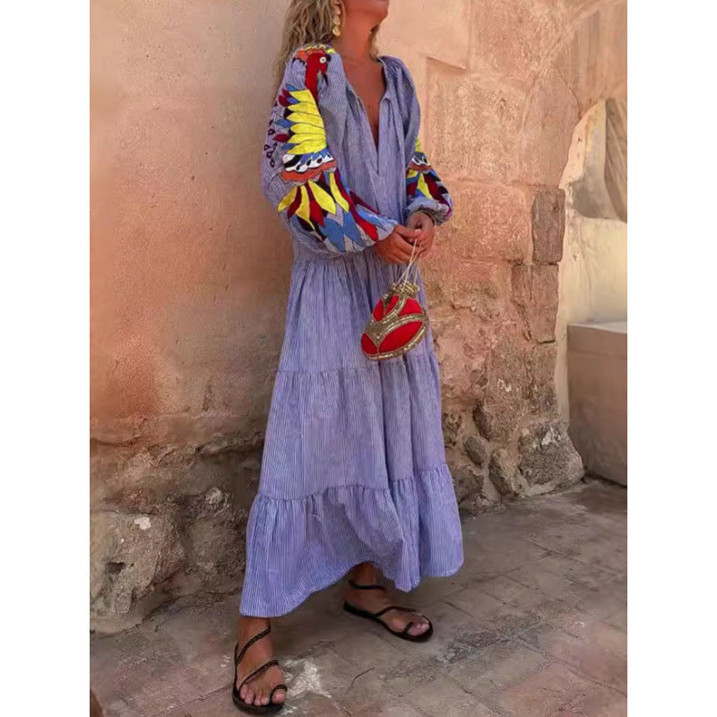 V-Neck Balloon Sleeve Striped Tiered Maxi Dress