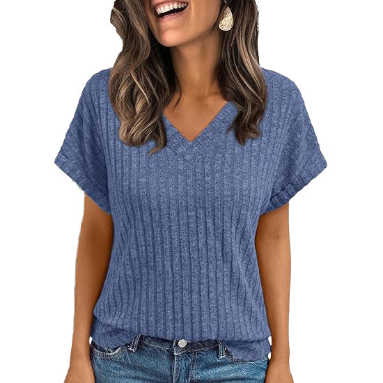 Ribbed Knit V-Neck Top – Relaxed Fit Casual Summer Tee