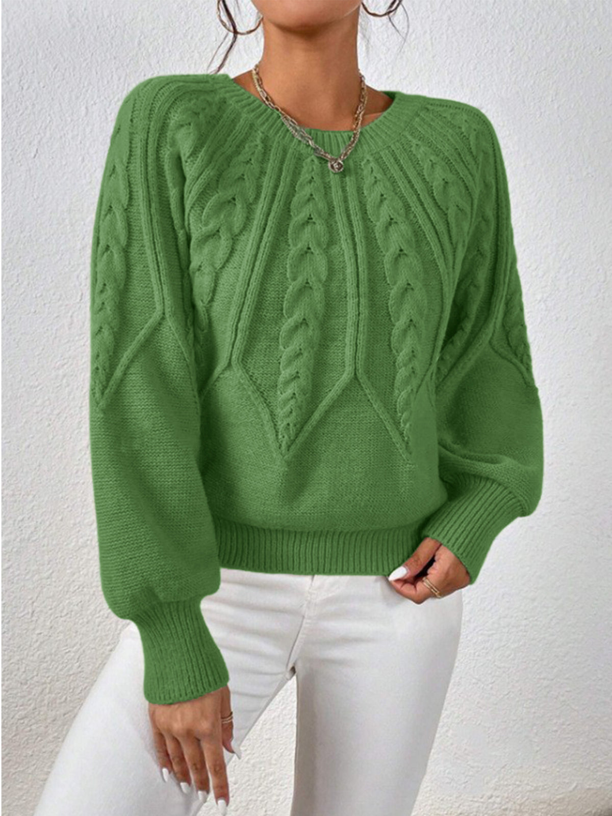 Women's Cable Knit Crewneck Sweater Oversized Long Sleeve