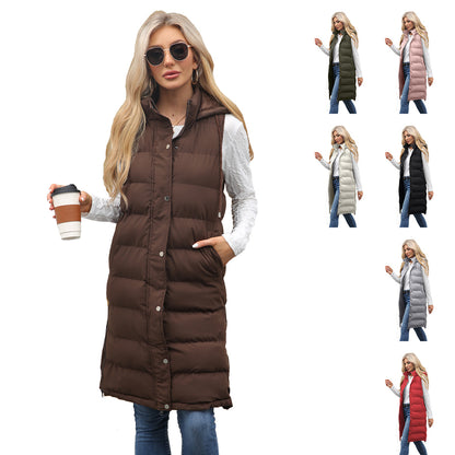 Women's Long Hooded Sleeveless Quilted Puffer Vest