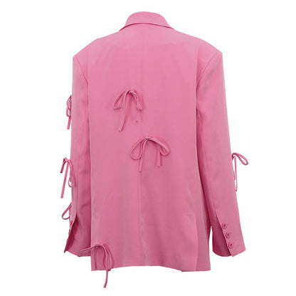 Women's Pink Bow Detail Oversized Casual Blazer