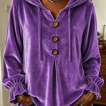 Velvet Button Front Hoodie V Neck Drawstring Ruffle Sleeve