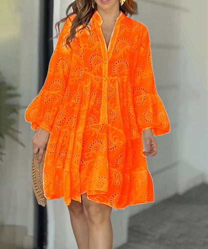 Women's Eyelet V-Neck Tiered Long Sleeve Dress