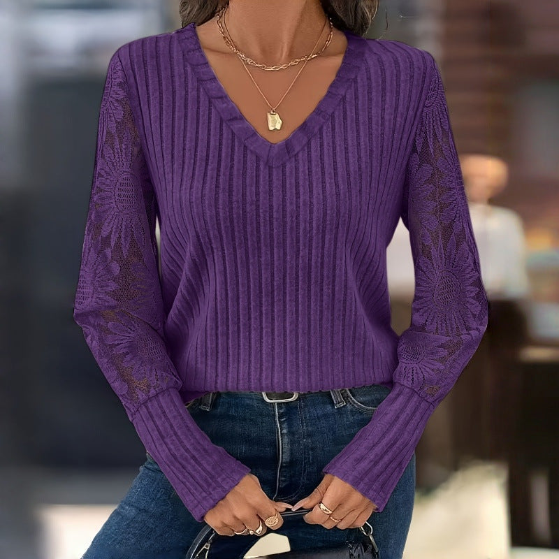 Women's V-Neck Lace Sleeve Ribbed Long Sleeve Top