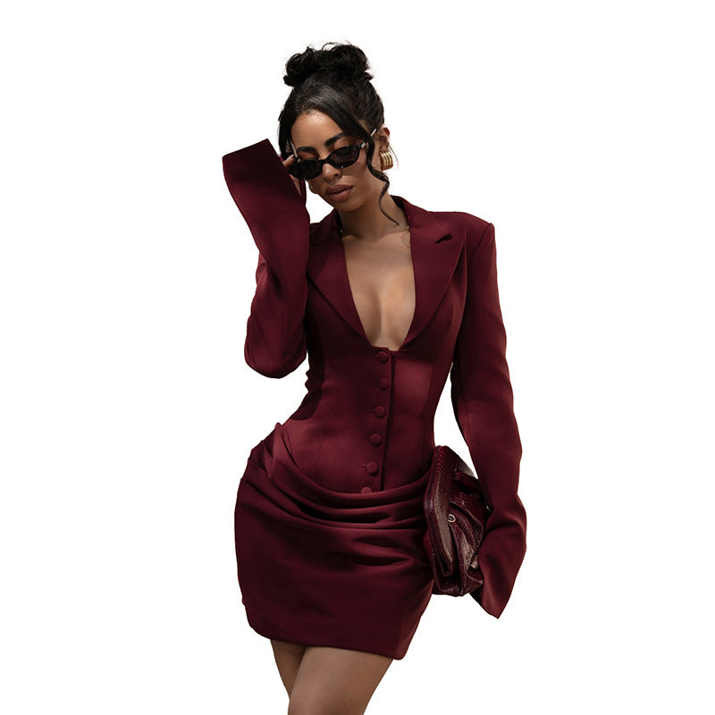 Sexy Deep V Blazer Dress Long Sleeve Bodycon Mini Dress