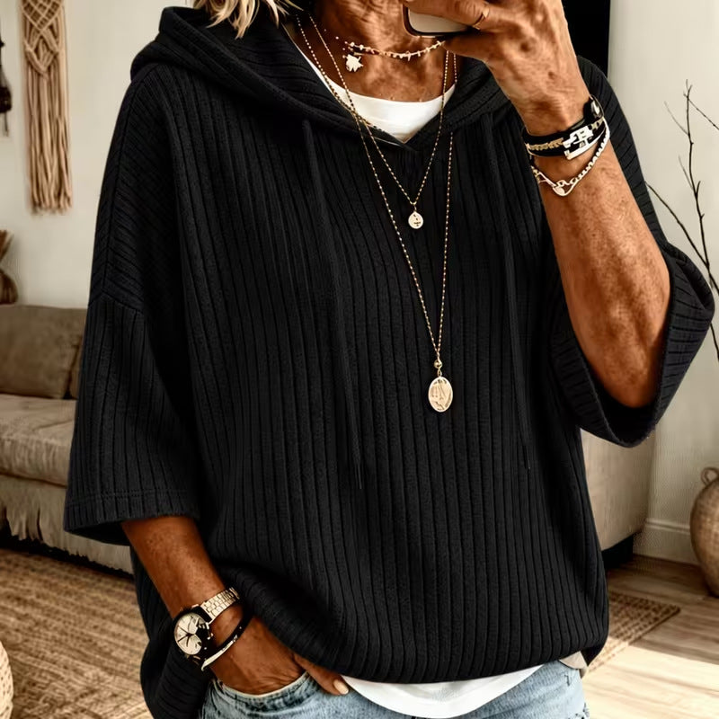 Oversized Ribbed Half Sleeve Hoodie Tunic Pullover Top