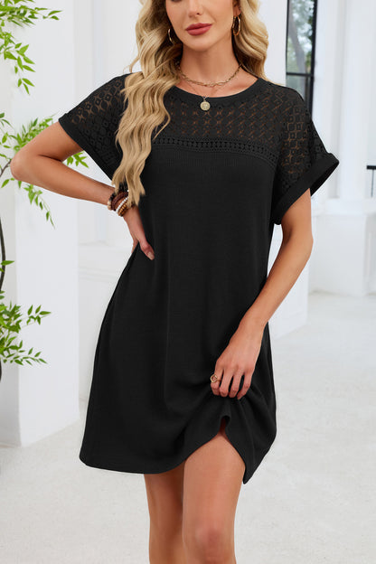 Blue Gray Yoke Loose T Shirt Dress Crew Neck