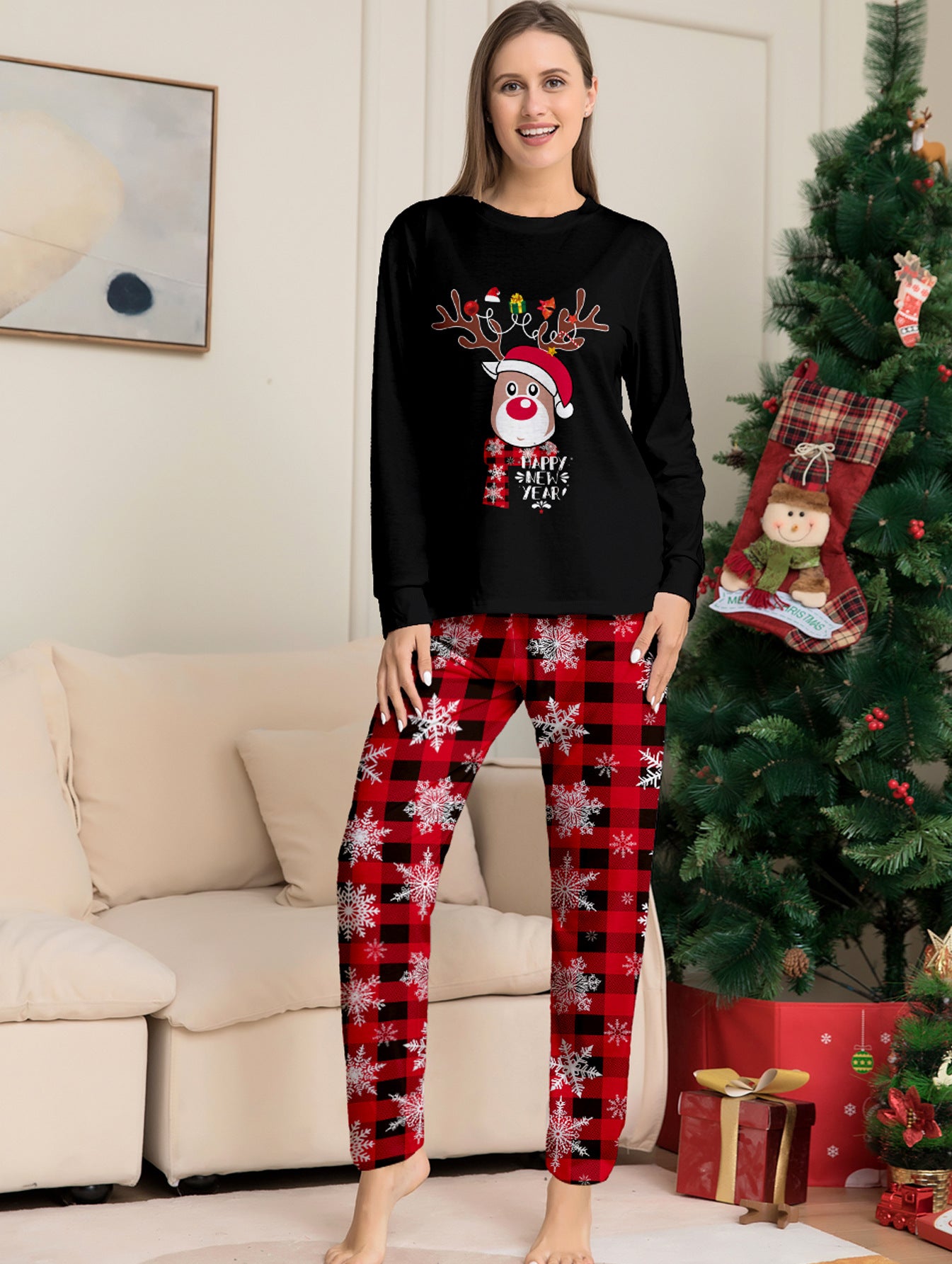 Deer Snowflake Plaid Parent-Child Printed Christmas Pajama Set