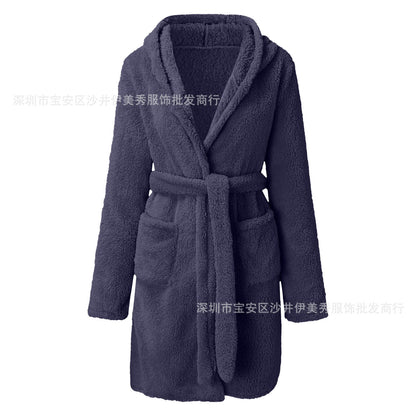 Womens Hooded Plush Fleece Robe Soft Warm Winter