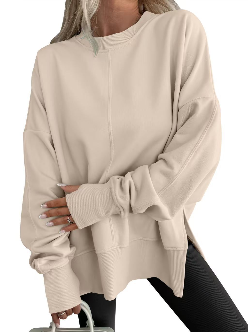 Oversized Crewneck Sweatshirt Batwing Side Slit Fleece