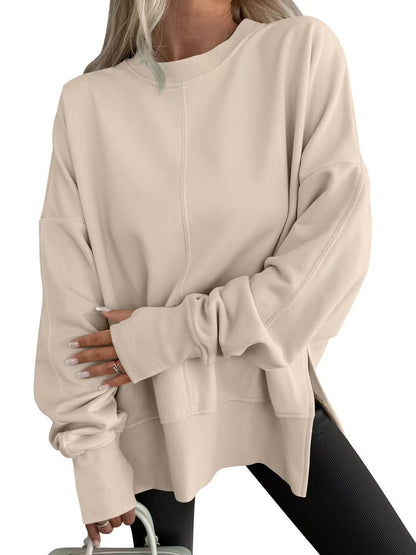 Oversized Crewneck Sweatshirt Batwing Side Slit Fleece