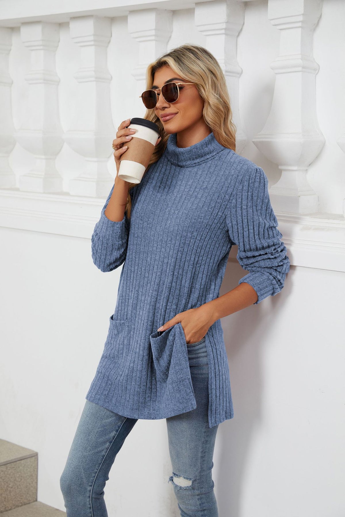 Women's Ribbed Mock Neck Long Sleeve Tunic with Pockets