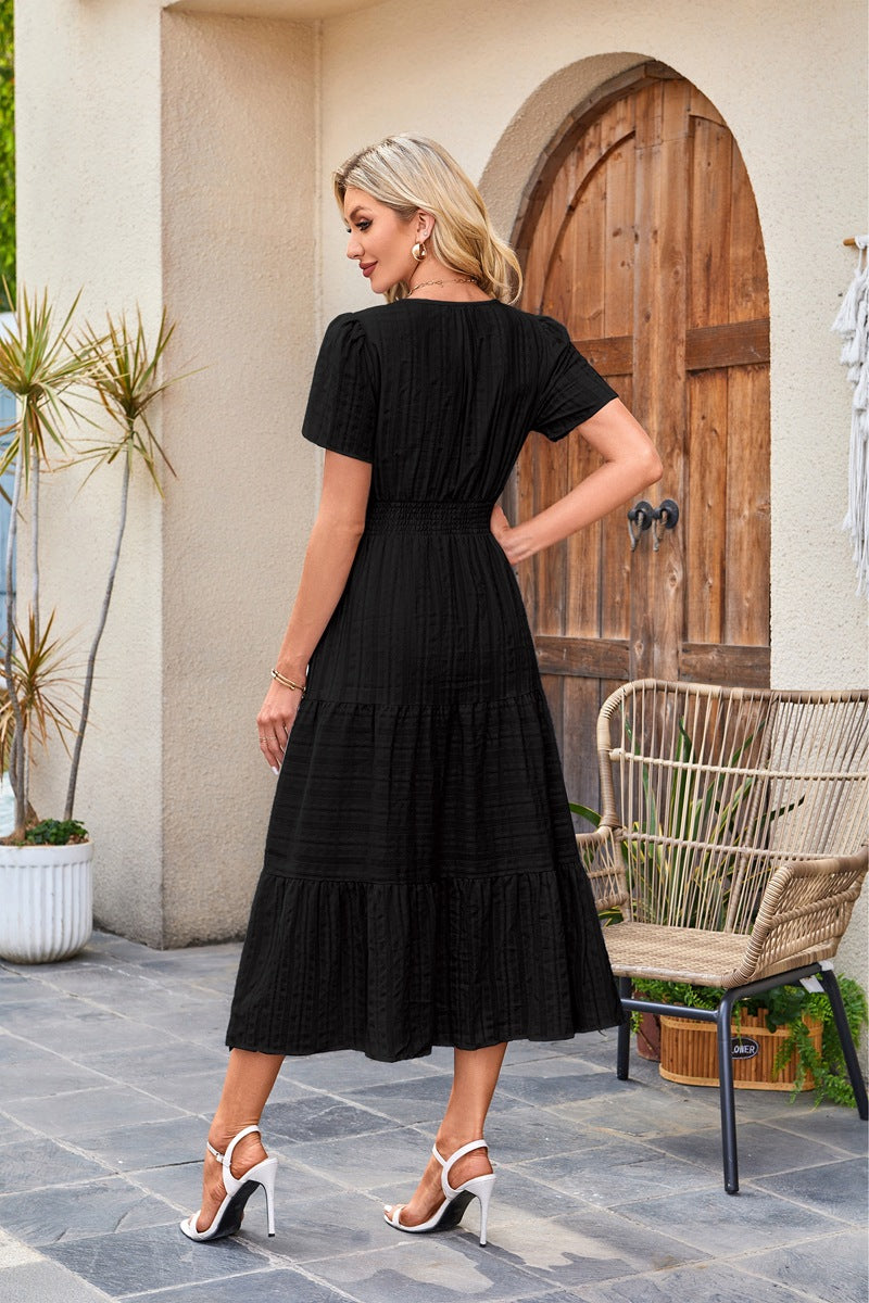 Solid Cotton Maxi Dress V Neck Puff Sleeve Smocked Dress