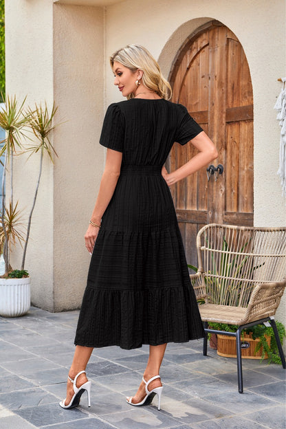 Solid Cotton Maxi Dress V Neck Puff Sleeve Smocked Dress