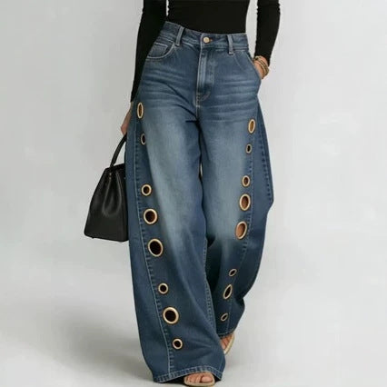 Vintage Wash Metal Eyelet Baggy Wide Leg Cut Out Jeans