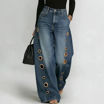 Vintage Wash Metal Eyelet Baggy Wide Leg Cut Out Jeans