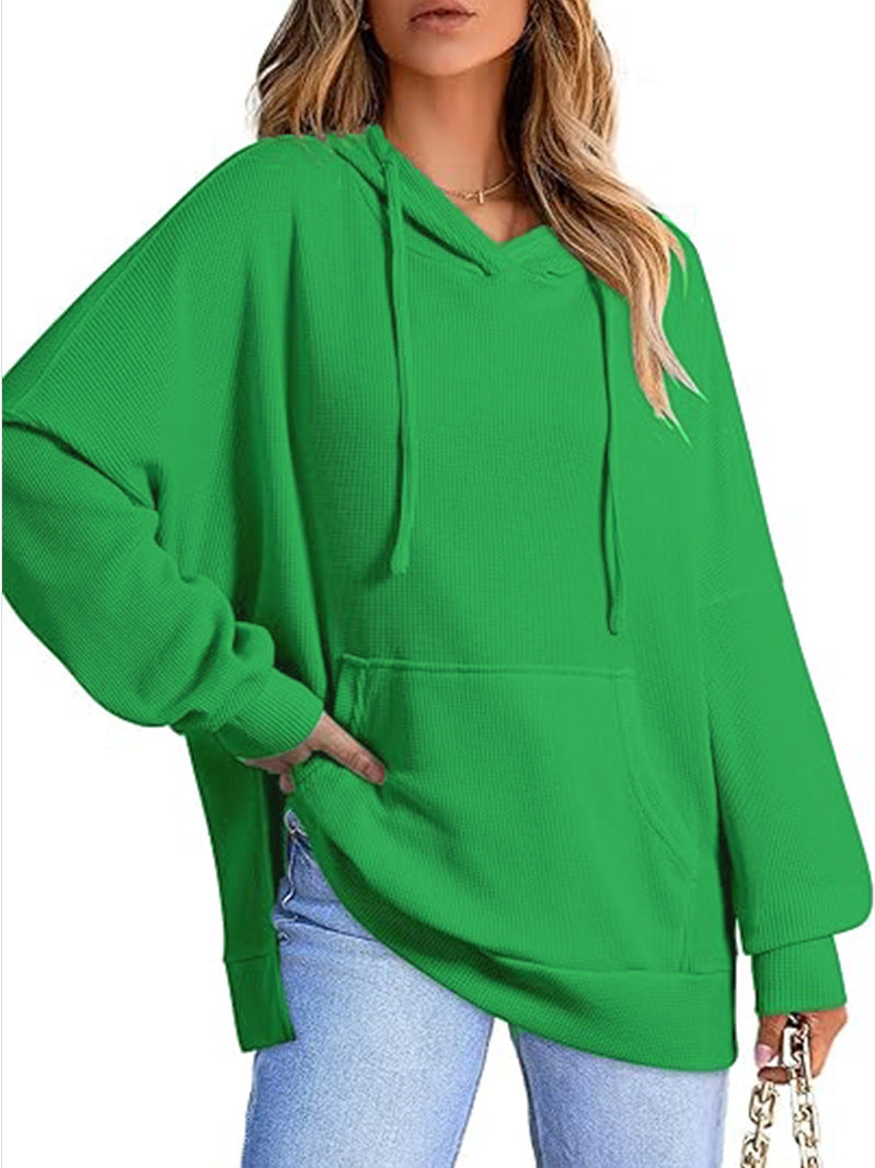 Women's Waffle Knit Hoodie Oversized Side Slit Pocket