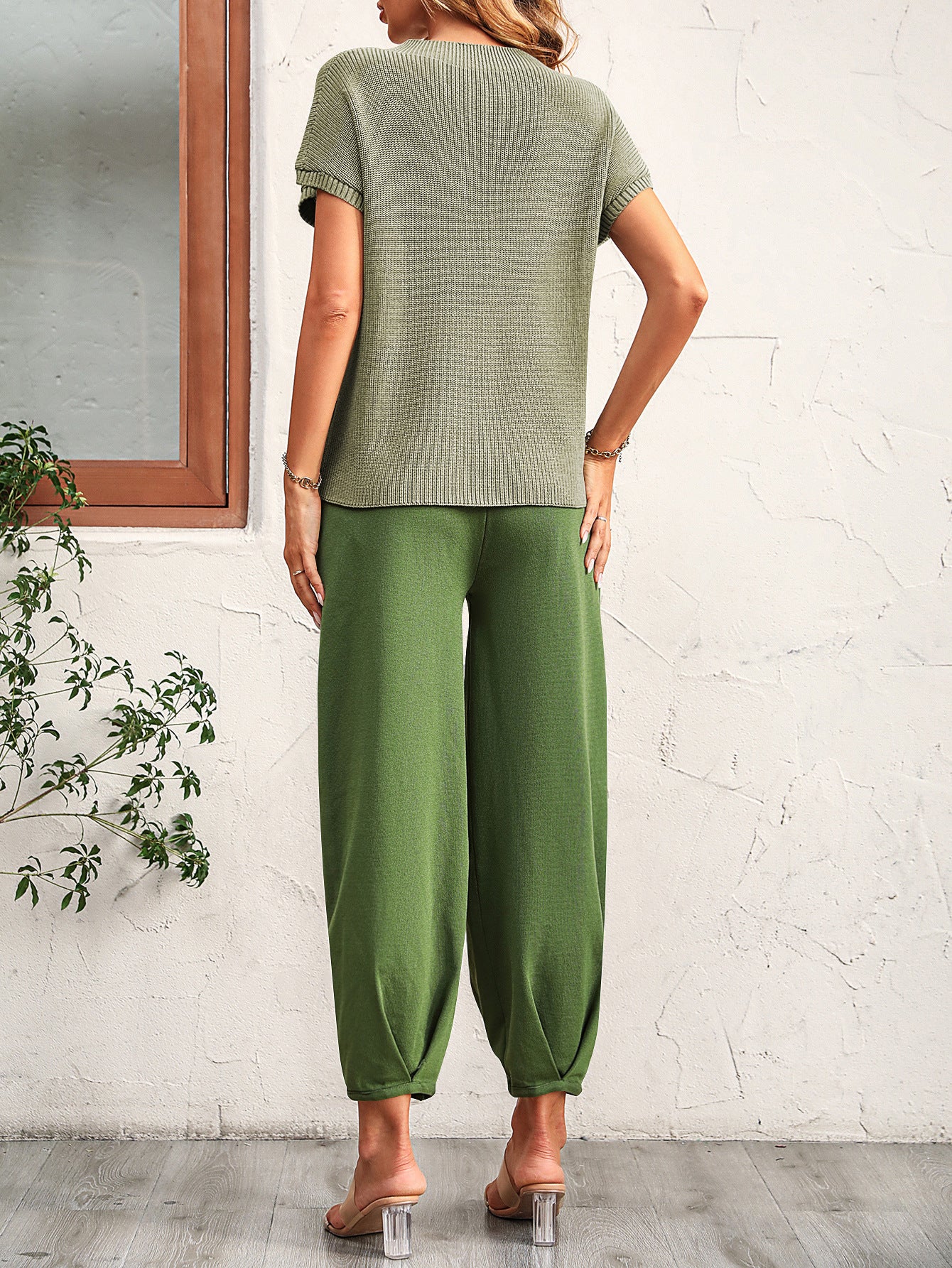 Colorblock Short-Sleeve Sweater & Pants Lounge Set