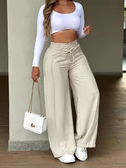 Women's High Waist Cargo Wide Leg Pants Drawstring