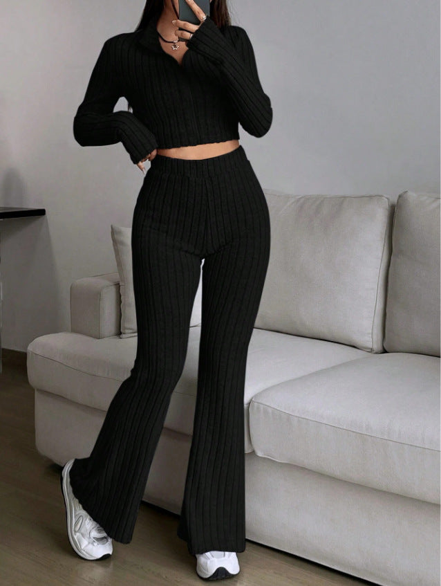 Women's Ribbed Zip-Up Crop Top Flare Pants Two Piece Set