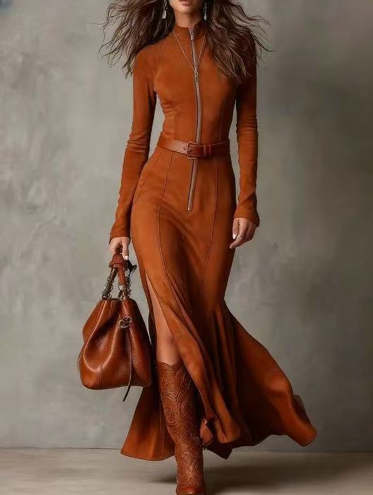 Suede Zip Front Maxi Dress Long Sleeve Fishtail
