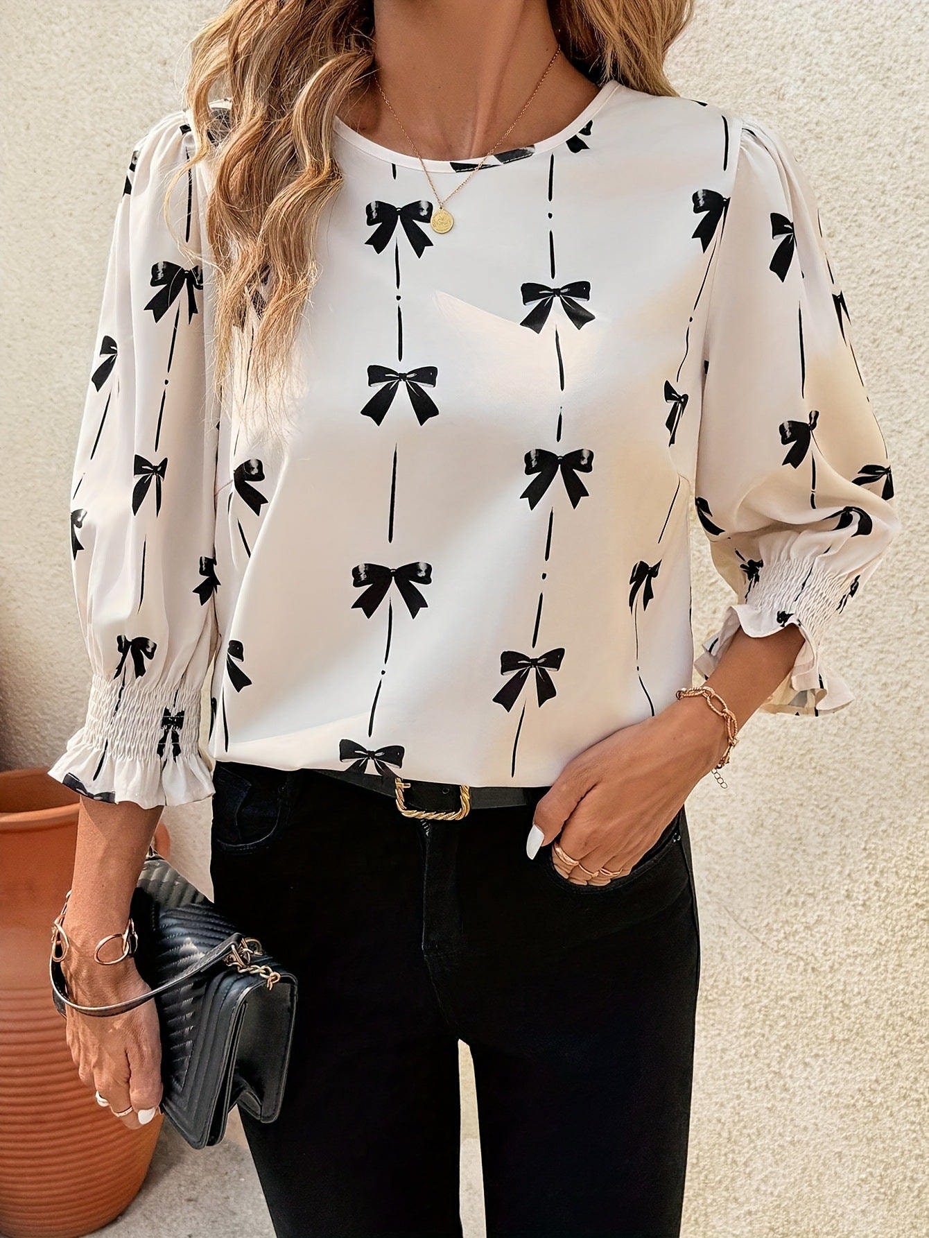 Women's Bow Print Smocked Blouse 3/4 Bell Sleeve Crew Neck