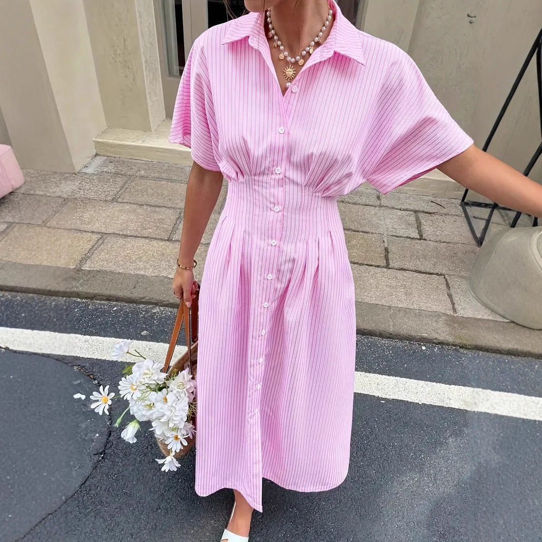 Striped Short Sleeve Button Front Midi Shirt Dress