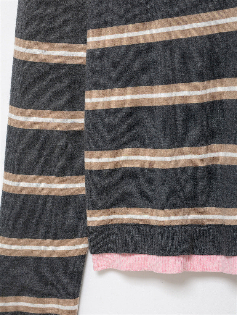 Color Block Striped Polo Cropped Knit Sweater Long Sleeve