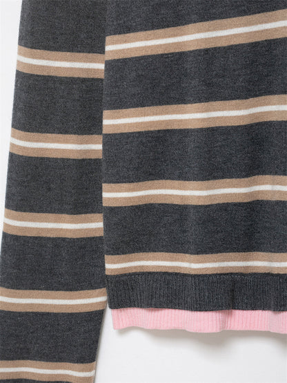 Color Block Striped Polo Cropped Knit Sweater Long Sleeve
