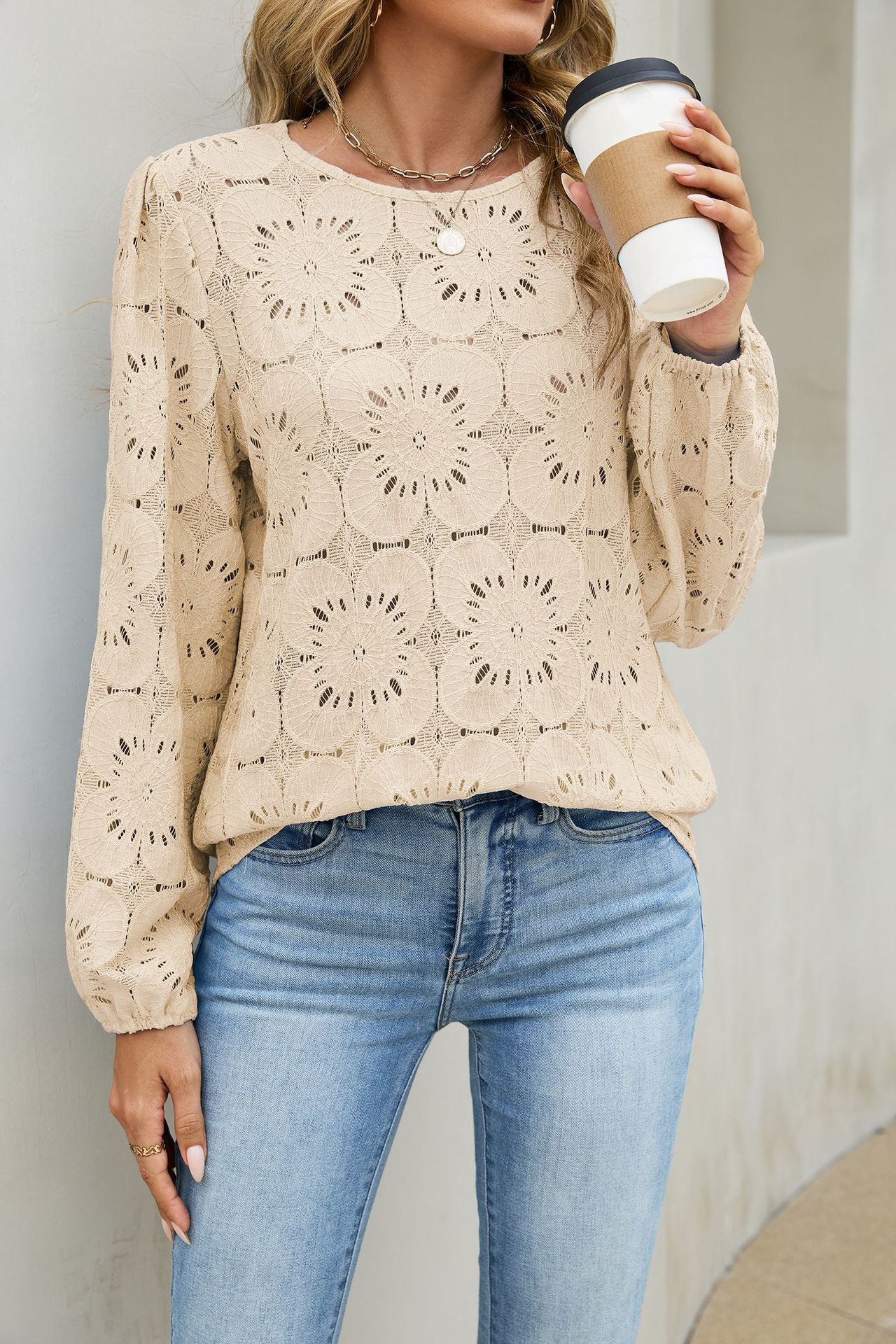 Eyelet Lace Blouse Puff Sleeve Loose Top